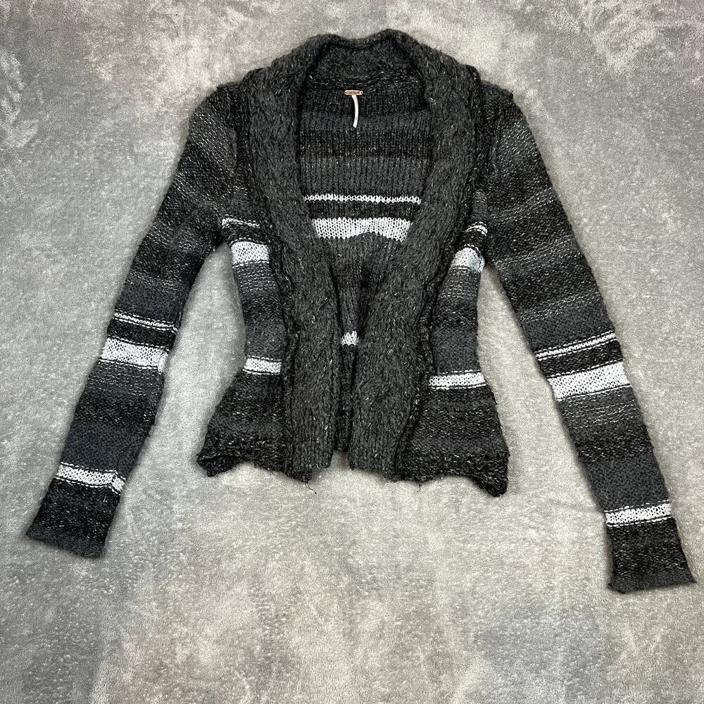 Free People Cardigan Sweater Womens M Wool Blend Chunky Knit Dark Grey Striped‎